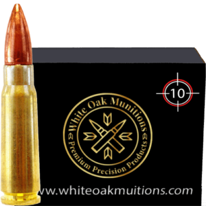 Product box with the White Oak munitions logo and the text 00 rounds next to a .338 Lapua caliber bullet.