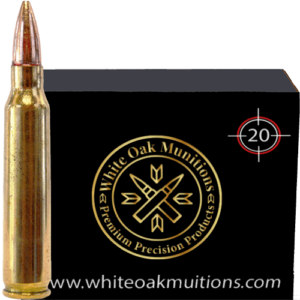 Product box with the White Oak munitions logo and the text 20 rounds next to a 5.56 caliber bullet.