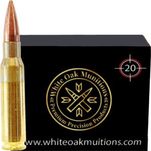 Product box with the White Oak munitions logo and the text 20 rounds next to 7.62 x 39 ammunition