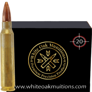 Product box with the White Oak munitions logo and the text 20 rounds next to a 7.62 X 51 caliber bullet.